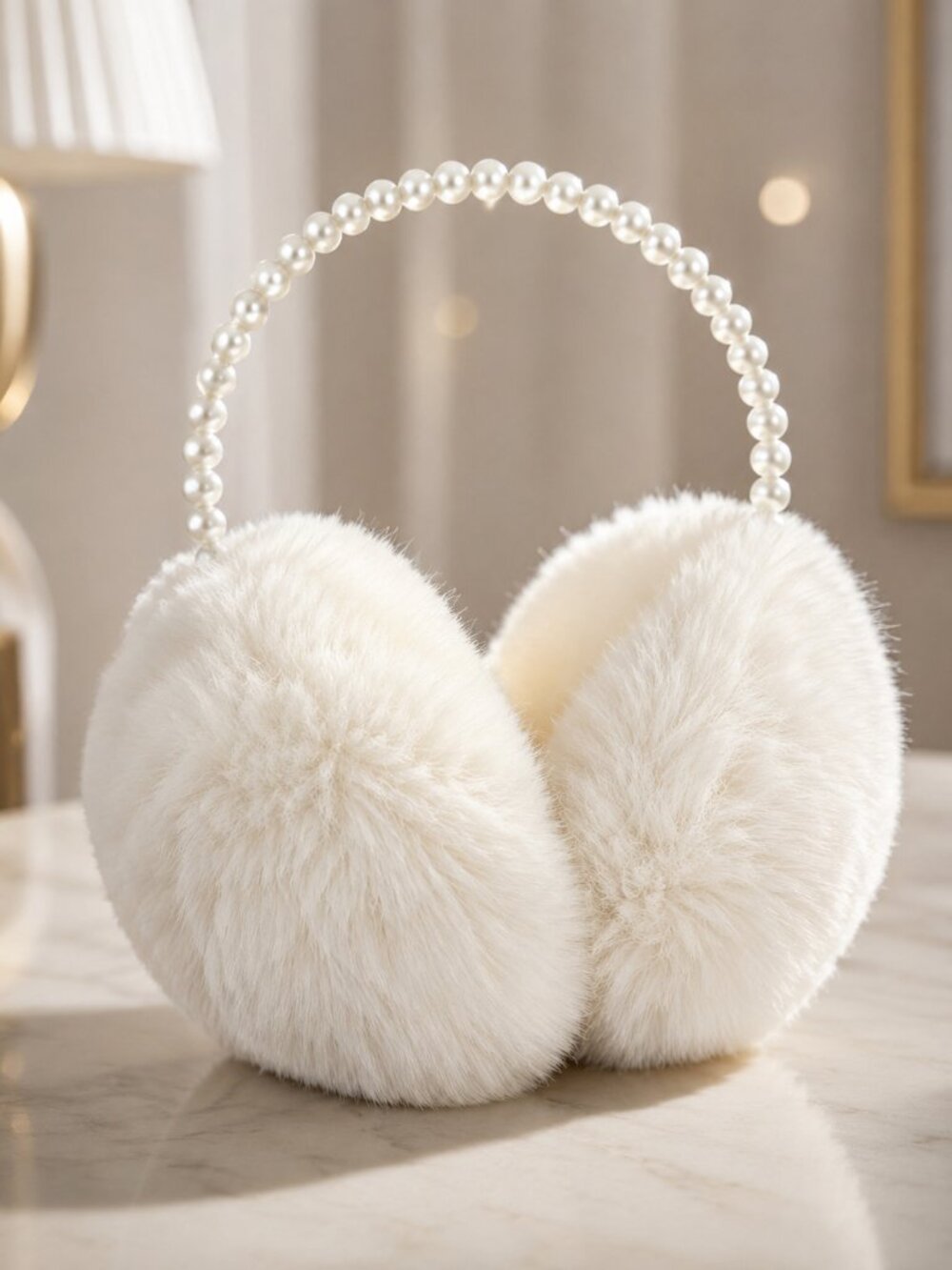 White Faux Fur Pearl Headband Earmuffs Winter Bridal Ski Fashion Accessory